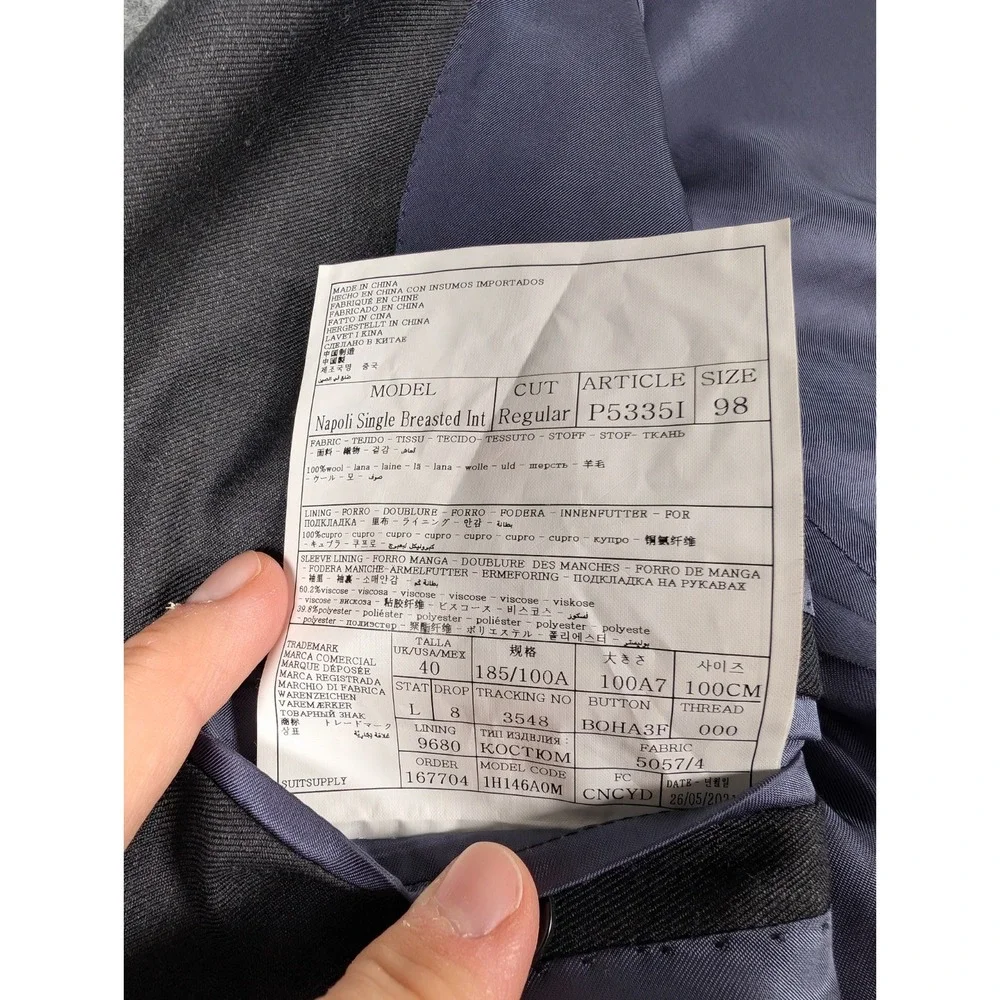 Suitsupply Napoli Suit Mens 40L EU 98 Dark Gray Wool Brescia Pants 2 Piece